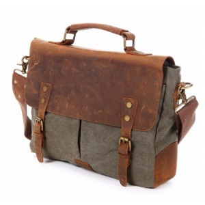 AT1 MESSENGER 1 VINTAGE™ Canvas - Leder Aktentasche Laptoptasche Arbeitstasche Umhängetasche - ArmeeGrun 14"